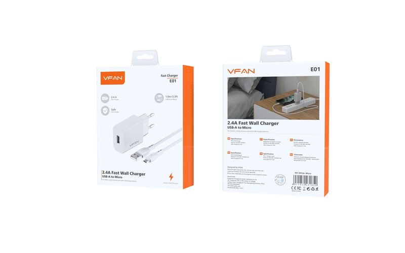 VFAN E01 2.4 A adapter + micro kábel